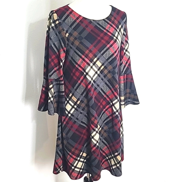 Jessica Howard Multicolor Plaid Dress with Bell Sleeves, Size Medium - Picture 3 of 10